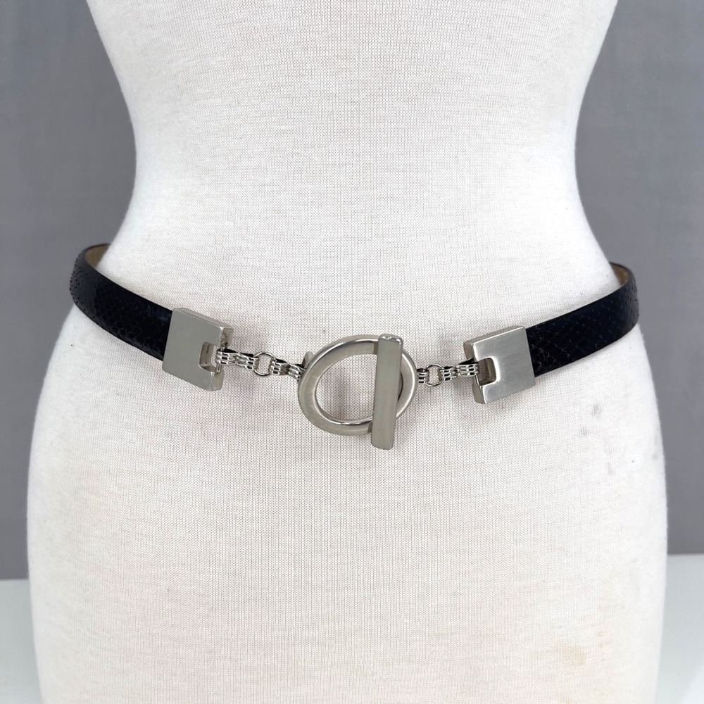 Genuine Snake Skin Belt Women's XL Black Sculpural Toggle Statement up to 42 in